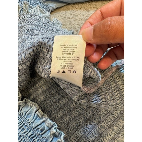 Veronica Beard Chambray Smocked Denim Top Ruffle Neck Puff Sleeve Blouse Women 2 - Picture 8 of 16